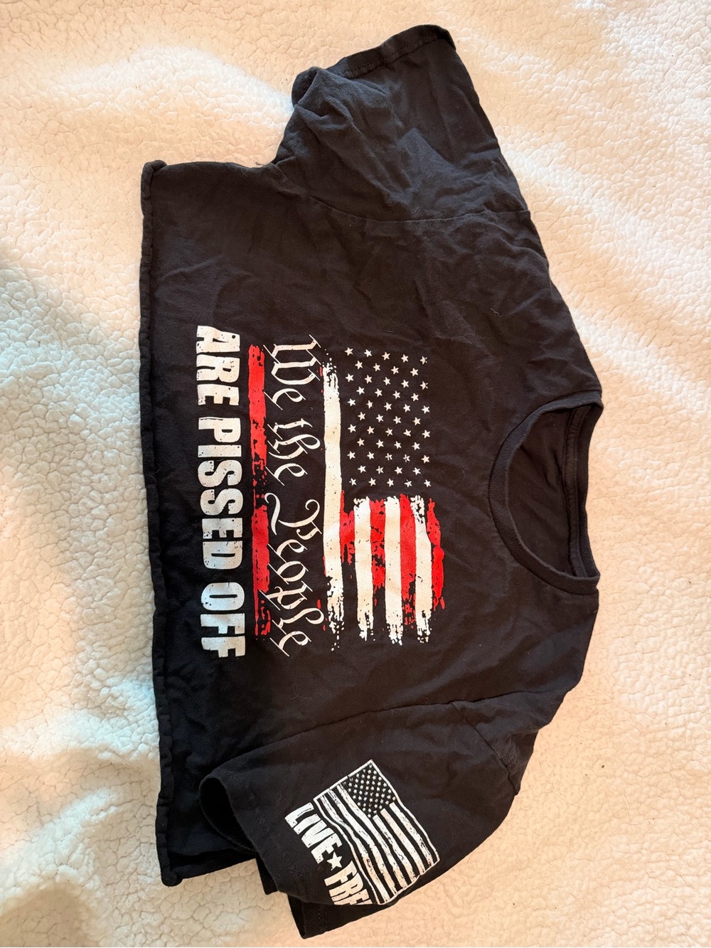 Black Graphic Crop Top with American Flag and Slogan